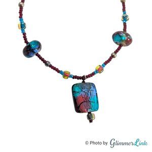 Bohemian Multicolor Dichroic Glass Pendant Necklace Beaded Artisan Style
